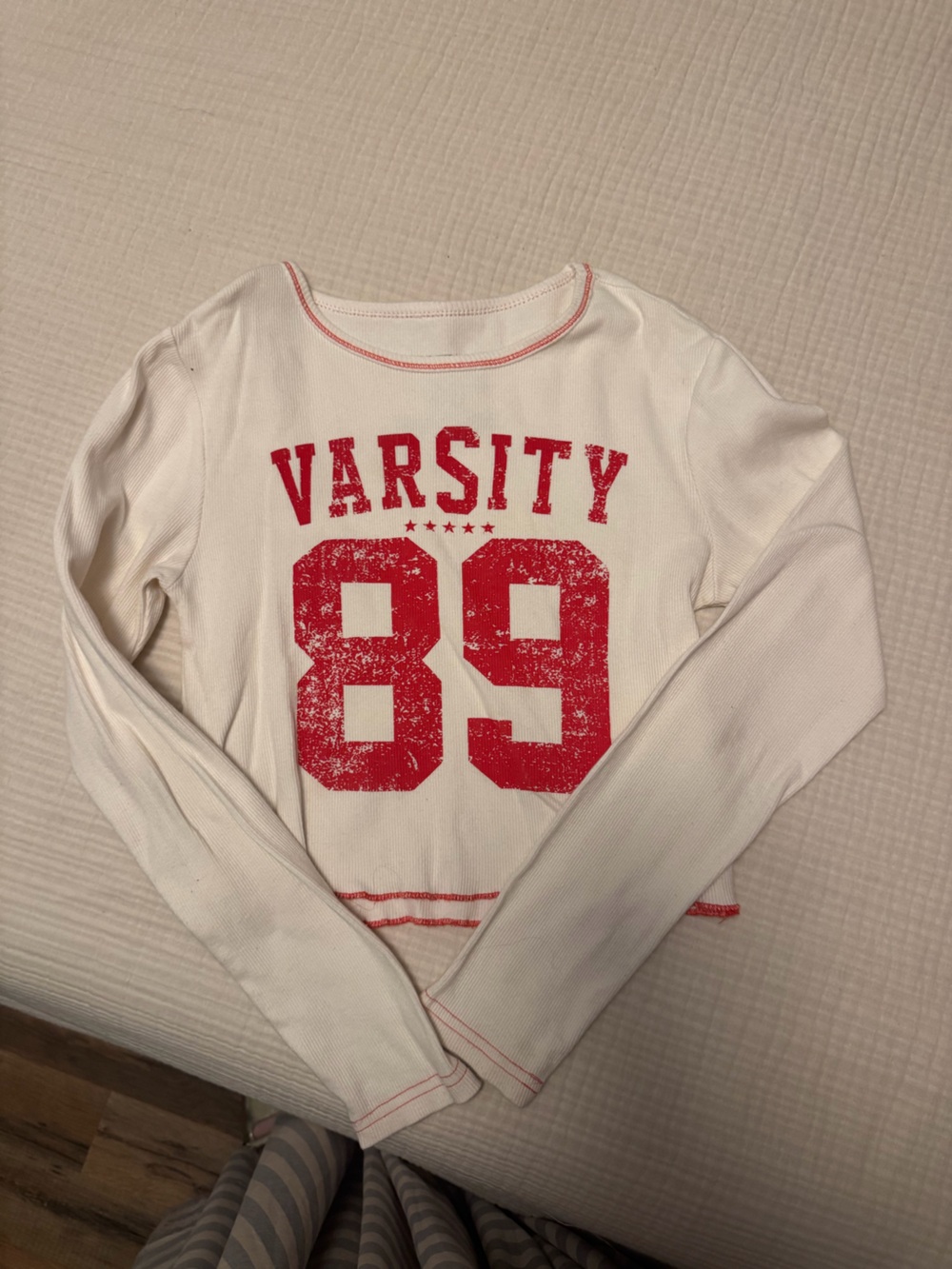 Modern Lux White Crewneck Sweater with Red Varsity 89 Graphic